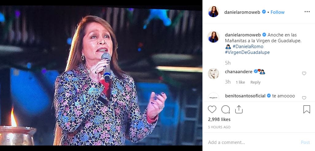 Como cada año, 
<b><a href="https://www.univision.com/shows/despierta-america/aracely-arambula-cumplio-un-sueno-de-su-infancia-al-poder-cantar-frente-a-la-virgen-de-guadalupe-video">Daniela Romo</a></b> fue a la Basílica de Guadalupe y le cantó a virgen. Con esta imagen compartió el momento.