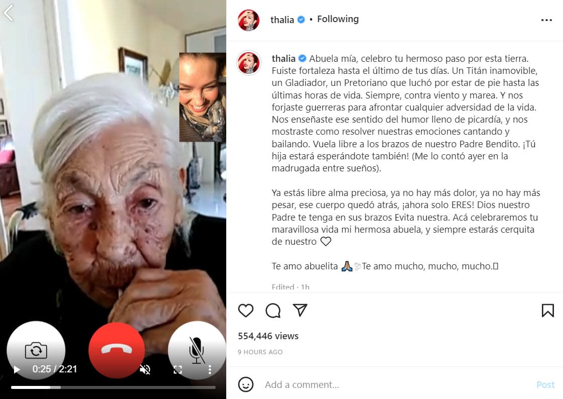 Por su parte, Thalía publicó un video con emotivos momentos y agregó un conmovedor mensaje de despedida y agradecimiento: "Abuela mía, celebro tu hermoso paso por esta tierra. Fuiste fortaleza hasta el último de tus días […] Nos forjaste guerreras para afrontar cualquier adversidad de la vida". 
<br>