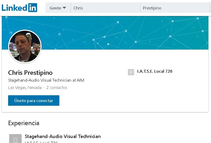 En su 
<b><a href="https://www.linkedin.com/in/chris-prestipino-60232463" target="_blank">perfil de LinkedIn</a></b>, Prestipino se describe como un "técnico audiovisual para espectáculos". Ha trabajado en los hoteles Bally's y París de Las Vegas desde 1999 hasta el presente.
<br>