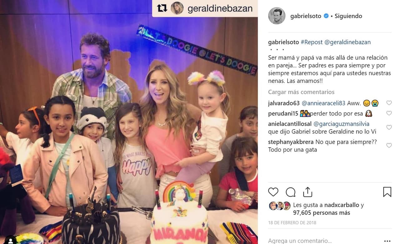 <b><a href="https://www.univision.com/entretenimiento/el-divorcio-se-ha-consumado-geraldine-bazan-anuncia-el-fin-de-su-matrimonio-con-gabriel-soto">En enero de 2018 se divorciaron</a></b>, aunque siempre estarán juntos durante las fechas importantes de sus hijas.
<br>