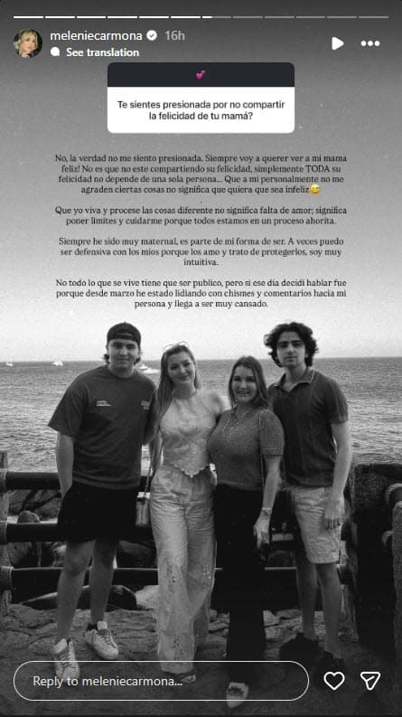 Melenie Carmona habló de la polémica de su madre y su novio.