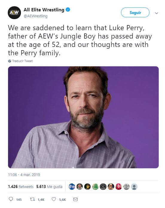 "Nos entristece saber que Luke Perry, padre de 'Jungle Boy' de AEW, falleció a la edad de 52 años, y nuestros pensamientos están con la familia Perry", se lee en la publicación.