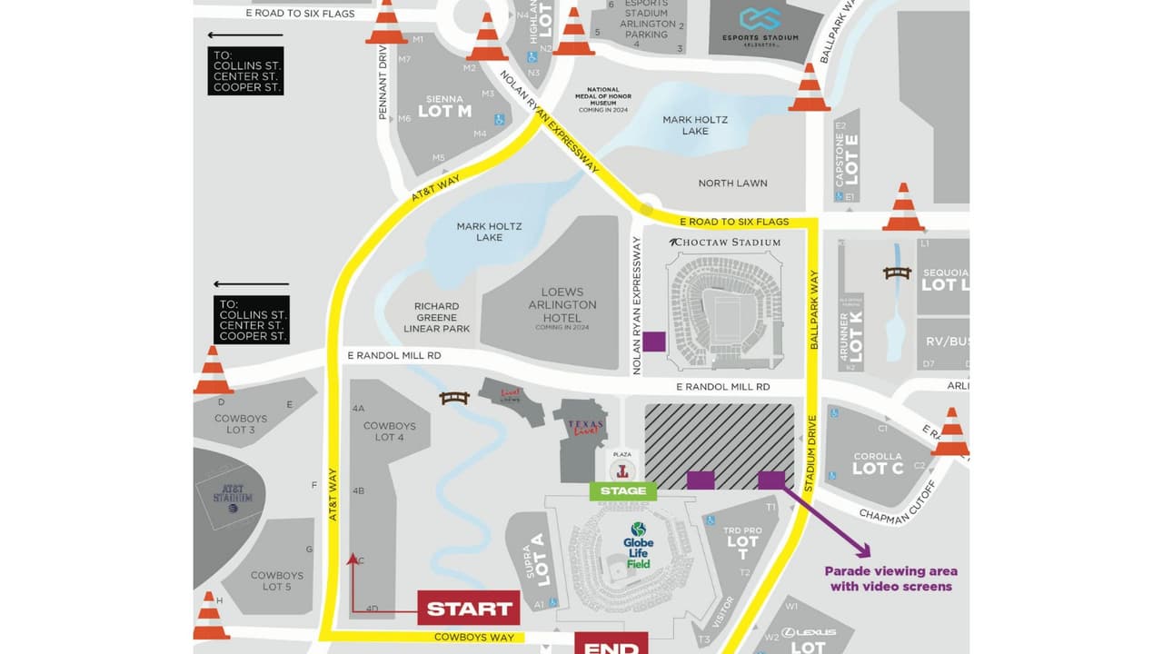 Este es el recorrido del desfile que ha circulado en la página oficial de los Texas Rangers.