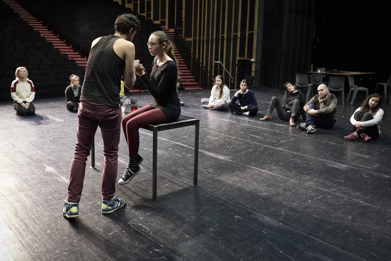 Aspiring theatre students participate in the "Equal Opportunities" theatre program at the Comedie de Valence theatre on October 21, 2016 in Valence, southeast France. "I want to be an actor, theater is essential in my life," says Antoine, who is attending a open-opportunity course at the Comedie de Valence theatre, offering the chance for selected students to attend a reimbursed acting-in-theatre program. / AFP / JEAN-PHILIPPE KSIAZEK (Photo credit should read JEAN-PHILIPPE KSIAZEK/AFP/Getty Images)