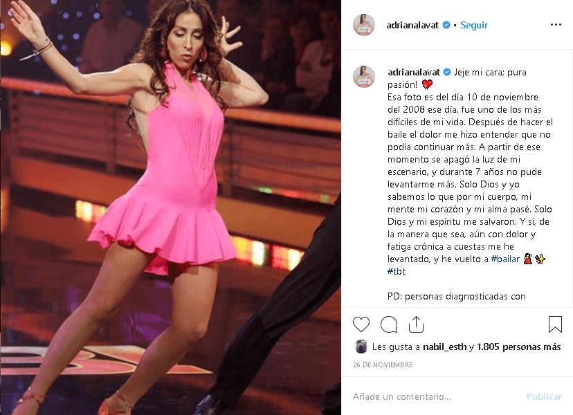 "Esa foto es del día 10 de noviembre del 2008 ese día, fue uno de los más difíciles de mi vida. Después de hacer el baile, el dolor me hizo entender que 
<b>no podía continuar más"</b>, escribió la actriz al pie de 
<b><a href="https://www.instagram.com/p/B5VHWaLpC29/" target="_blank">esta imagen</a></b>.