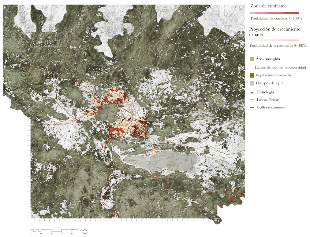 Guadalajara, en México, presenta zonas de alto conflicto entre la expansión urbana y la biodiversidad hacia el noroeste y hacia Tonalá, en el sureste.