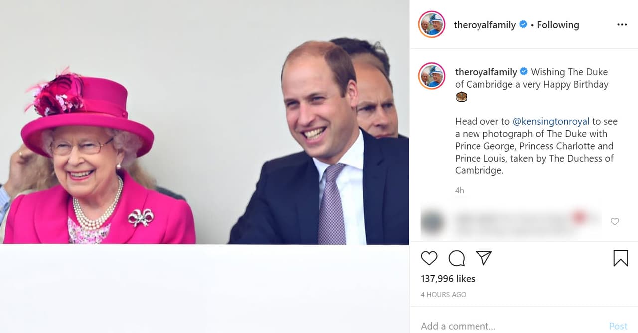 Mientras tanto, en la cuenta de la familia real británica, la reina Isabel felicitó a su nieto con esta foto: "Deseo al duque de Cambridge
<b><a href="https://www.instagram.com/p/CBsVg3GnQTm/" target="_blank"> un feliz cumpleaños</a></b>". 
<br>