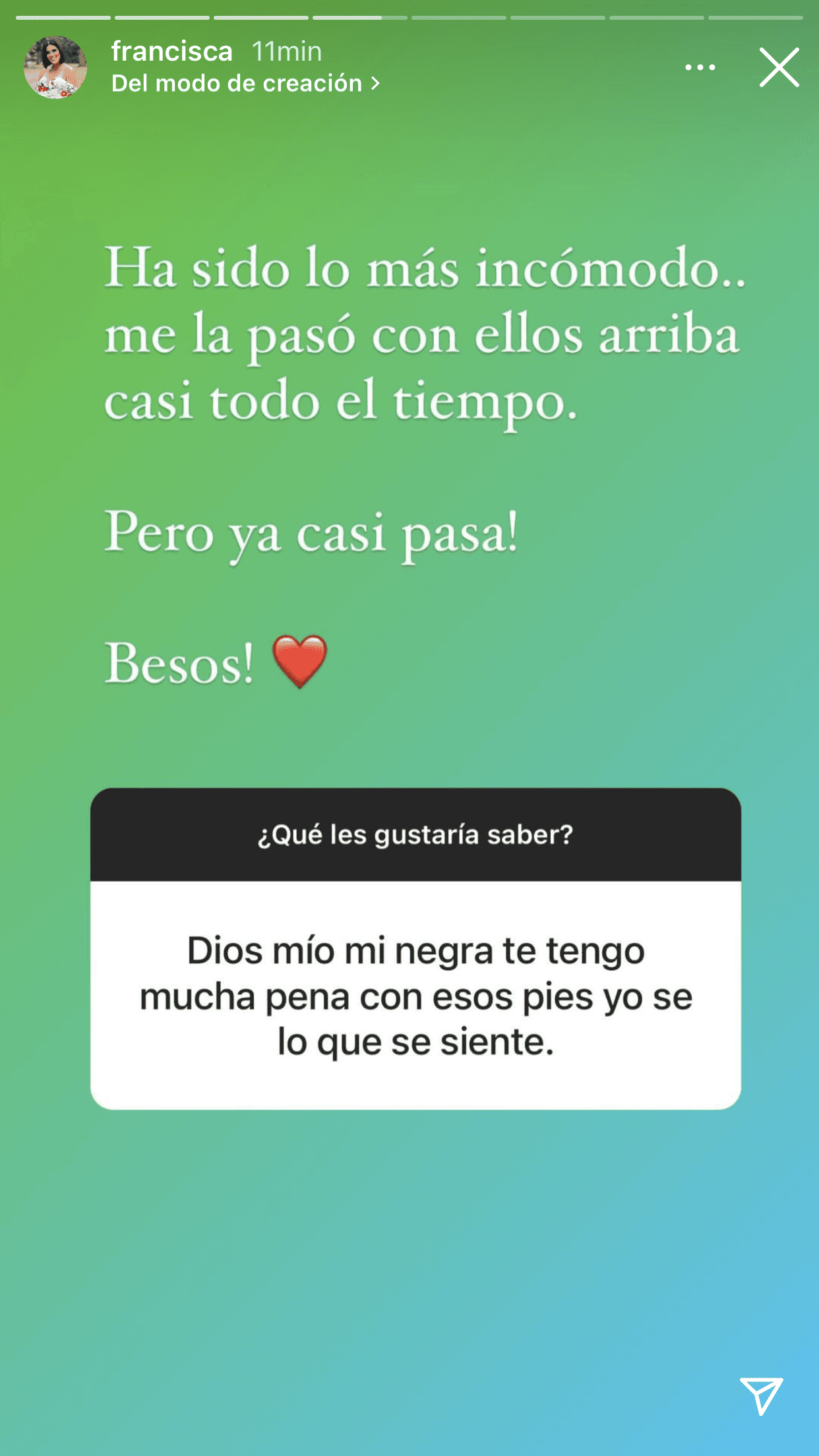 <b><a href="https://www.univision.com/shows/despierta-america/a-francisca-le-inquieta-la-hinchazon-de-sus-pies-en-la-recta-final-de-su-embarazo-video" target="_blank">"Ha sido lo más incómodo"</a></b>, reconoció en Instagram, dando detalles de lo que debe hacer para que se desinflamen un poco. 
<br>