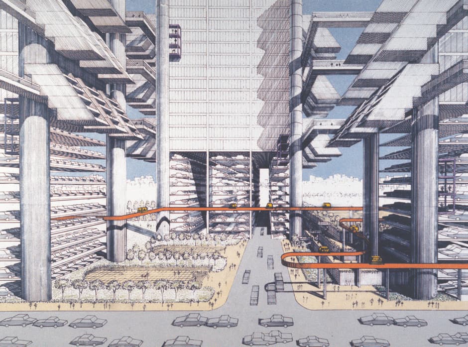 En su plan de 1967 "Corredor de la Ciudad", el arquitecto Paul Rudolph recreó los vecindarios en torno a la (nunca construida) Autopista del Bajo Manhattan como un "tendón de edificios, puentes, terrazas, plazas, miradores, pasarelas, transporte público, metros, calles y autopistas, todos ellos reunidos en un exquisito conjunto".