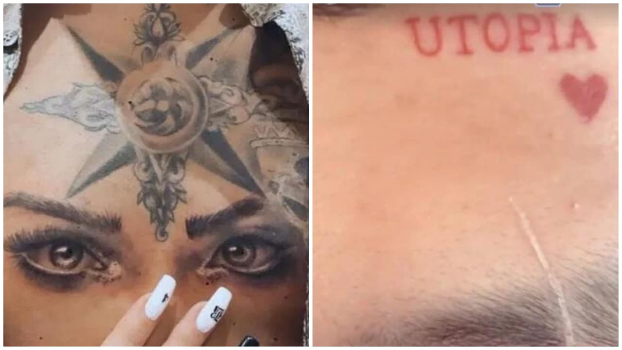 Los ojos de la intérprete de 'Sapito' los lleva en el pecho, en la frente se puso la palabra 'utopía' y un corazón como referencia al segundo disco de Belinda.
<br>