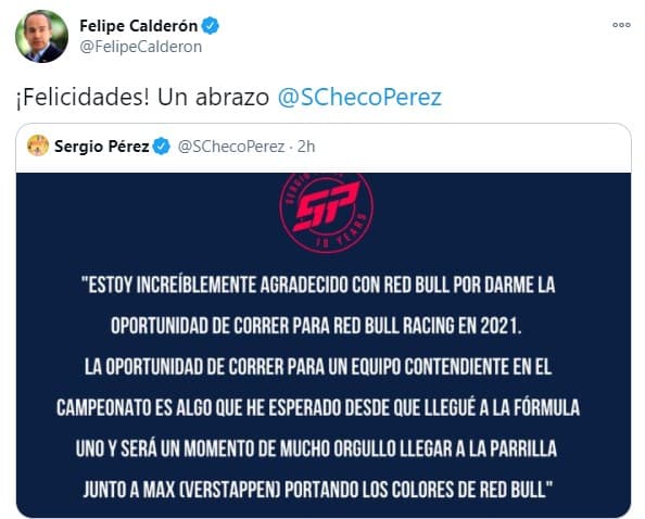 No cesan las felicitaciones para ‘Checo’ Pérez y Red Bull | Grandes personalidades se sumaron a las palabras de aliento para el piloto mexicano y su nueva escudería.