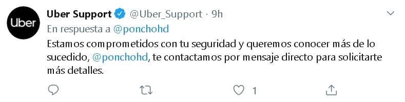 En Twitter, 
<b><a href="https://twitter.com/Uber_Support/status/1219848089663680512" target="_blank">Uber le respondió </a></b>al actor aclarándole que lo buscarían en privado para dar seguimiento al caso. Entrada la tarde de este miércoles 22 de enero, Herrera no había ofrecido alguna actualización sobre lo sucedido.