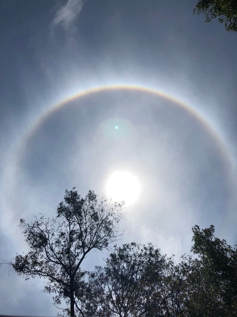 El halo solar se forma por la combinación de bajas temperatuas en las capas altas de la atmósfera y la humedad que viene de los océanos. Una vista desde Coyoacán. 
<b>Foto: @Fri_montano</b>