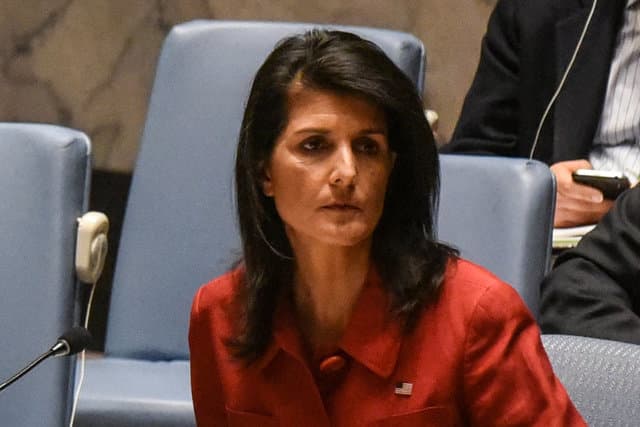 <b>Nikki Haley, embajadora de EEUU ante las Naciones Unidas</b>. Presentó su renuncia el 9 de octubre de 2018 y anunció que dejará la posición a finales del 2018.