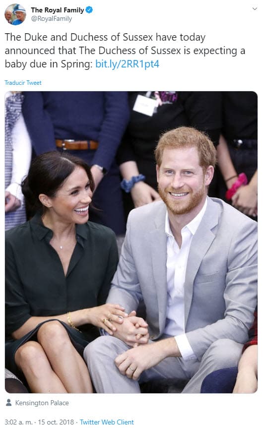 La historia de amor de los duques de Sussex continuó con el anuncio de su 
<a href="https://www.univision.com/famosos/no-mas-apariciones-publicas-para-meghan-markle-por-ahora-asi-ha-sido-el-agitado-embarazo-de-la-esposa-de-harry-fotos">primer embarazo</a>, la noticia la dieron el 15 de octubre de 2018 a través de un mensaje publicado en Twitter por la familia real.
<br>