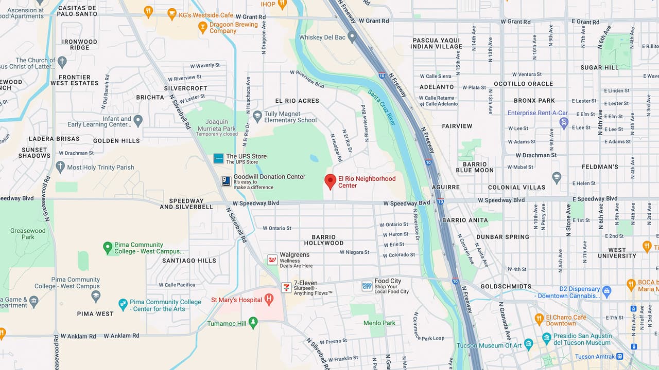 El Rio Center,
<a href="https://www.google.com/maps/place/El+Rio+Neighborhood+Center/@32.236679,-110.994392,15z/data=!4m6!3m5!1s0x86d671347aa7a7e1:0x7a0cb57b305b1e05!8m2!3d32.236679!4d-110.9943923!16s%2Fg%2F1tf2sntk?hl=en&entry=ttu" target="_blank">1390 W Speedway Blvd.</a>