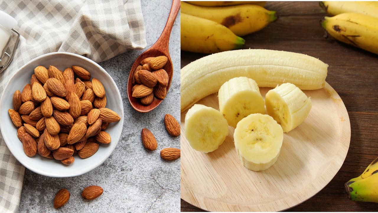 <b>Almendras, o banana</b>: Ambos son excepcionalmente altos en la 
<b>hormona melatonina</b>, que le dice a su cuerpo que es hora de dormir. La banana o guineo también tienen un 
<b>alto contenido de magnesio</b>, un nutriente que puede ayudar a promover el sueño. Un 
<b>puñado de almendras</b>, un plátano maduro o incluso algo que combine los dos satisfará un antojo nocturno y también te hará sentir cansado nuevamente.