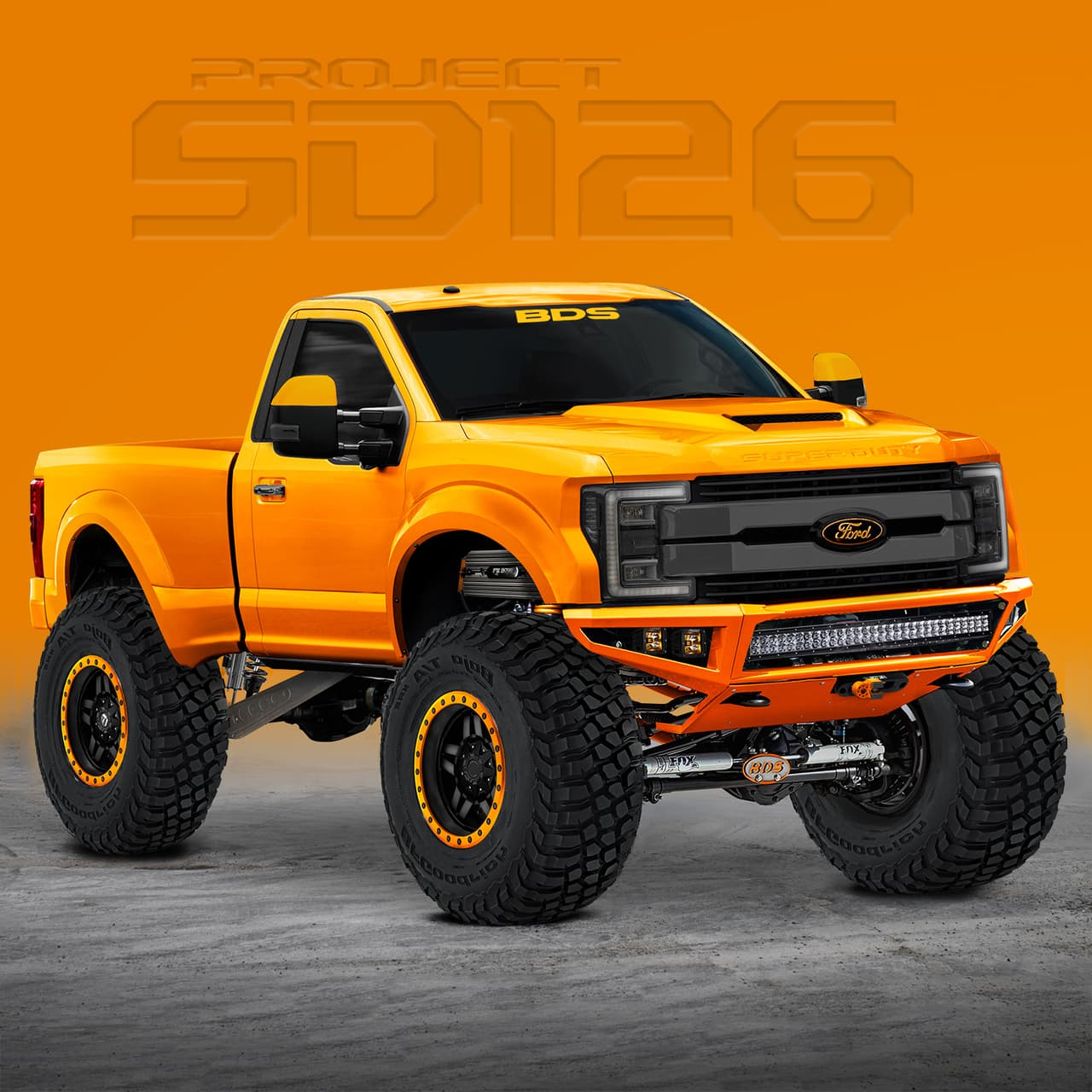 <b>Ford Project SD126</b>
<br>Las pickups de Ford en el SEMA también fueron espectaculares. Empezando por la 
<b>Project SD126</b>, basada en la Ford Super Duty XLT, pero con propiedades fuera de lo normal y pensadas para las actividades todoterreno. A esta pickup se le hicieron varios cambios estéticos, entre ellos un área de carda más corta, y en general es más ancha, de tal forma que puede portar unos enormes neumáticos de 42 pulgadas; cuenta con suspensión Fox y BDS.