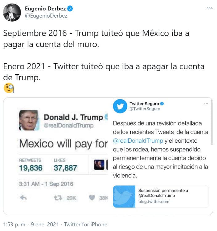 La mañana de este sábado, Eugenio volvió a comentar sobre el caso del mandatario de los Estados Unidos, aunque en esta ocasión recordó el tema del polémico muro.
<br>