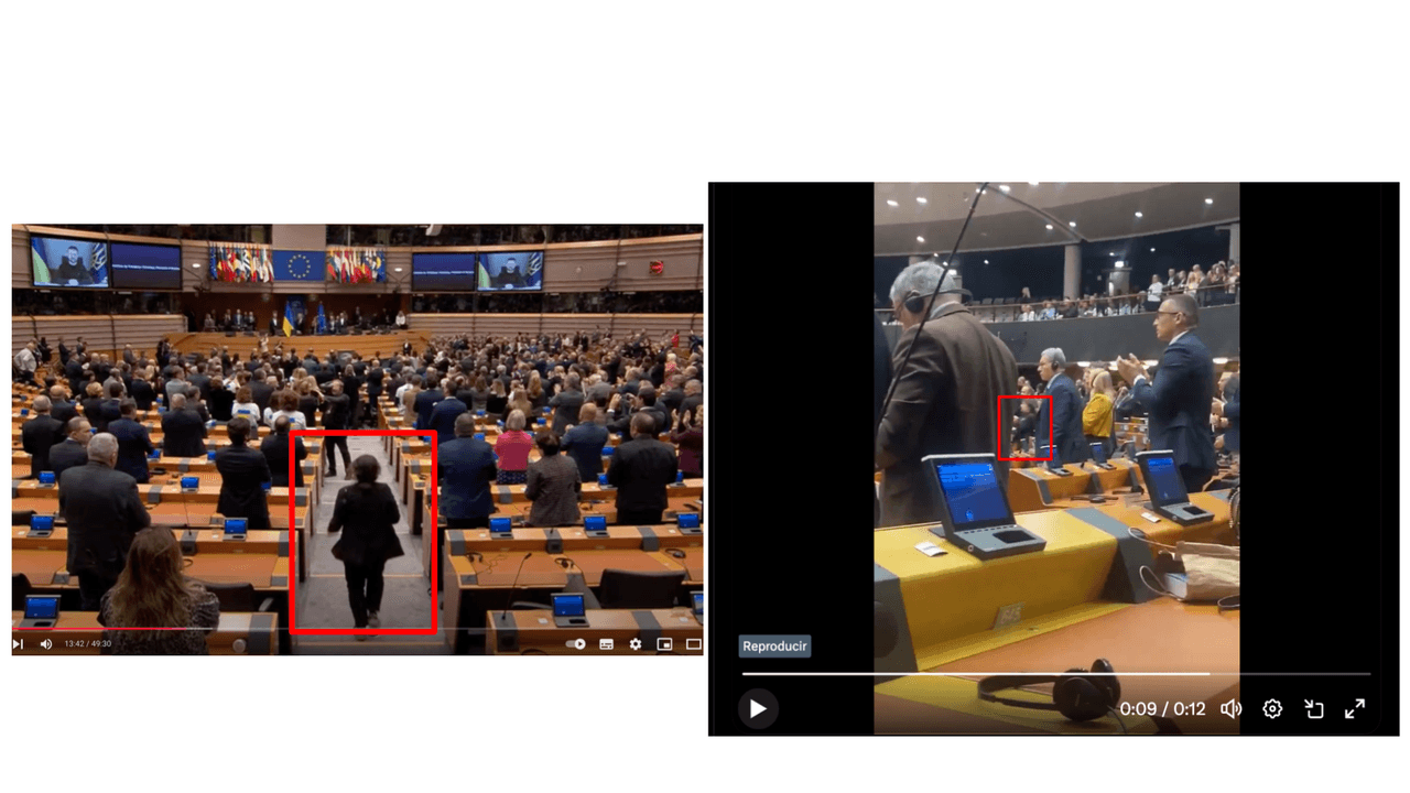 La imagen de la izquierda muestra la transmisión en directo de El País con la mujer de negro bajando las escaleras desde atrás, mientras que la segunda muestra el video que verificamos, donde se ve a la misma mujer bajando desde un costado.