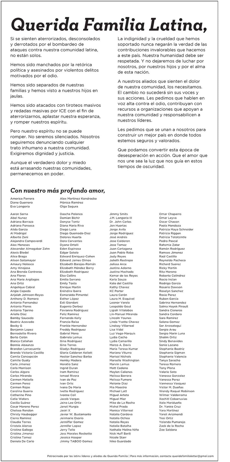 Este viernes diversos medios de comunicación de Estados Unidos, como The New York Times, publicaron una carta firmada por 150 líderes en la que expresan su rechazo a las conductas de odio en contra de la comunidad hispana.