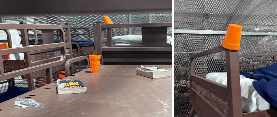 Varias personas detenidas también expresaron su preocupación por no poder limpiar sus vasos.
<br>
<br>En el informe reconocen que durante la inspección vieron vasos colocados en el suelo, sobre las barandillas de las literas y en repisas de las paredes de los baños, sin que hubiera espacios específicos destinados a guardar los vasos dentro de las unidades de alojamiento.