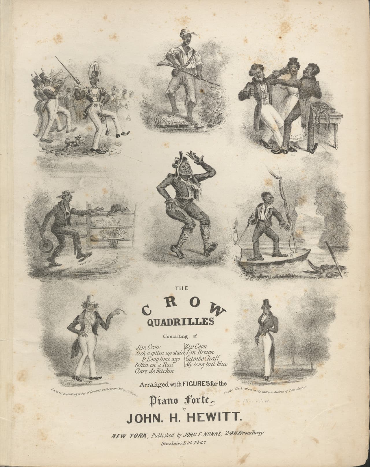 Esos disfraces incluían normalmente ropas ajadas, ojos grandes y pintura roja en los labios simulando bocas enormes y otros agregados para "exagerar su apariencia". Quizá el espectáculo más conocido sea el de Jim Crow, el personaje caricaturesco de Thomas Rice (1808-1860), considerado el padre del género y quien ayudó a su expansión a otros países.