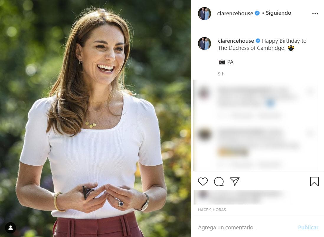 Por su parte, su suegro el príncipe Carlos y su esposa también la felicitaron por Instagram: "Feliz cumpleaños a la duquesa de Cambridge".
<br>