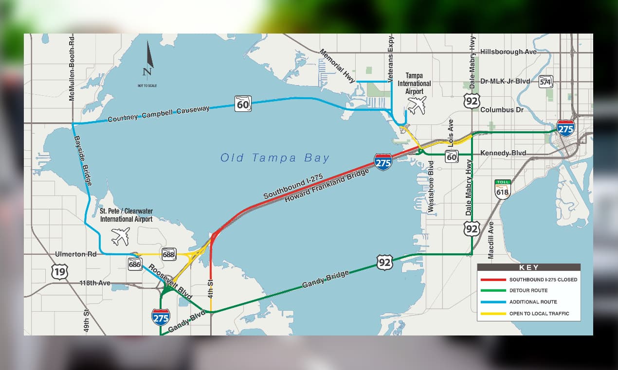 El puente Howard Frankland (I-275) estará cerrado en dirección de Tampa a St. Petersburg la noche del lunes