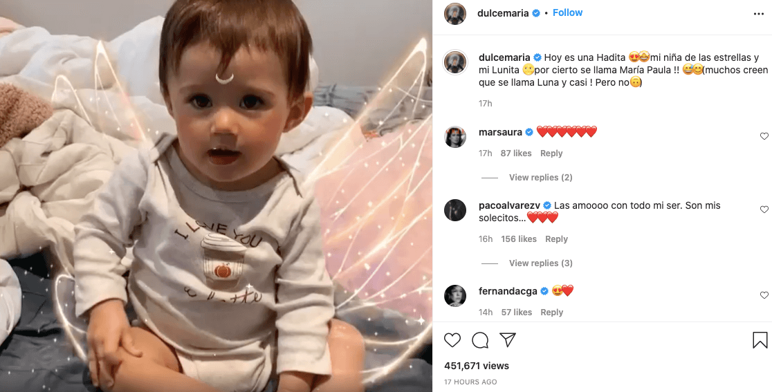 <b>Dulce María</b> 
<br>
<a href="https://www.univision.com/famosos/dulce-maria-mostro-cuanto-ha-crecido-su-hija-maria-paula-fotos">La cantante</a> no disfrazó a María Paula físicamente, sino que utilizó los filtros de las redes sociales para mostrarla como un pequeña hada y rápidamente la publicación se llenó de comentarios sobre lo “preciosa” que se veía.