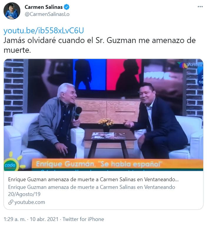 El 10 de abril, Carmen Salinas recordó en su cuenta de Twitter cuando el cantante
<b>"la amenazó de muerte"</b> en una entrevista que dio en el programa 'Cada mañana'.
<br>