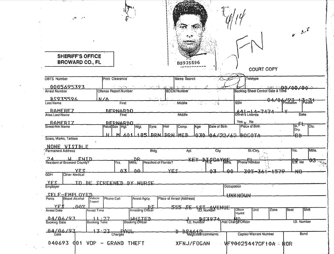 Arrest report for Bernardo Ramerez (sic)
