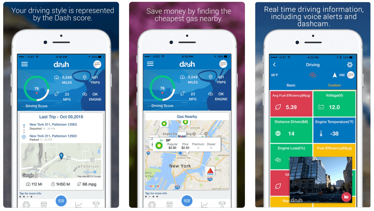 La finalidad del app 
<b>Dash</b> es convertir un auto en un “auto inteligente”, ya que ofrece múltiples funciones que prometen mejorar sus viajes, además de ofrecer información sobre los precios de la gasolina, también ofrece detalles sobre el funcionamiento de tu auto y hábitos de manejo, que a la larga, pretenden ayudarte a disminuir tu consumo de combustible. Sin embargo, el óptimo funcionamiento de este aplicativo depende de varios accesorios los cuales tienen un costo que va de entre los 10 y los 99 dólares.
<br>
<br>Precio: gratis (accesorios con costo no incluidos)
<br>Disponible: Android y iOS