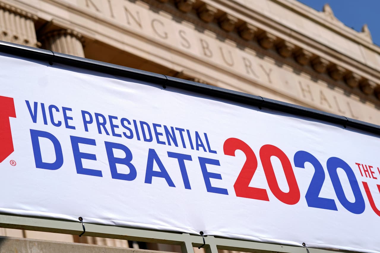 Preparations take place for the vice presidential debate outside Kingsbury Hall at the University of Utah, Monday, Oct. 5, 2020, in Salt Lake City. The vice presidential debate between Vice President Mike Pence and Democratic vice presidential candidate, Sen. Kamala Harris, D-Calif., is scheduled for Oct. 7. (AP Photo/Patrick Semansky)