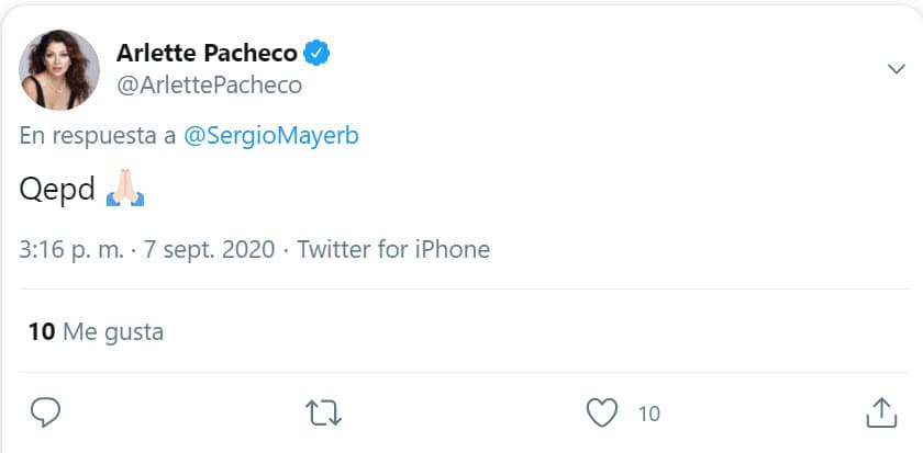 La actriz respondió con un "QEPD" junto al emoji de unas manos en oración.