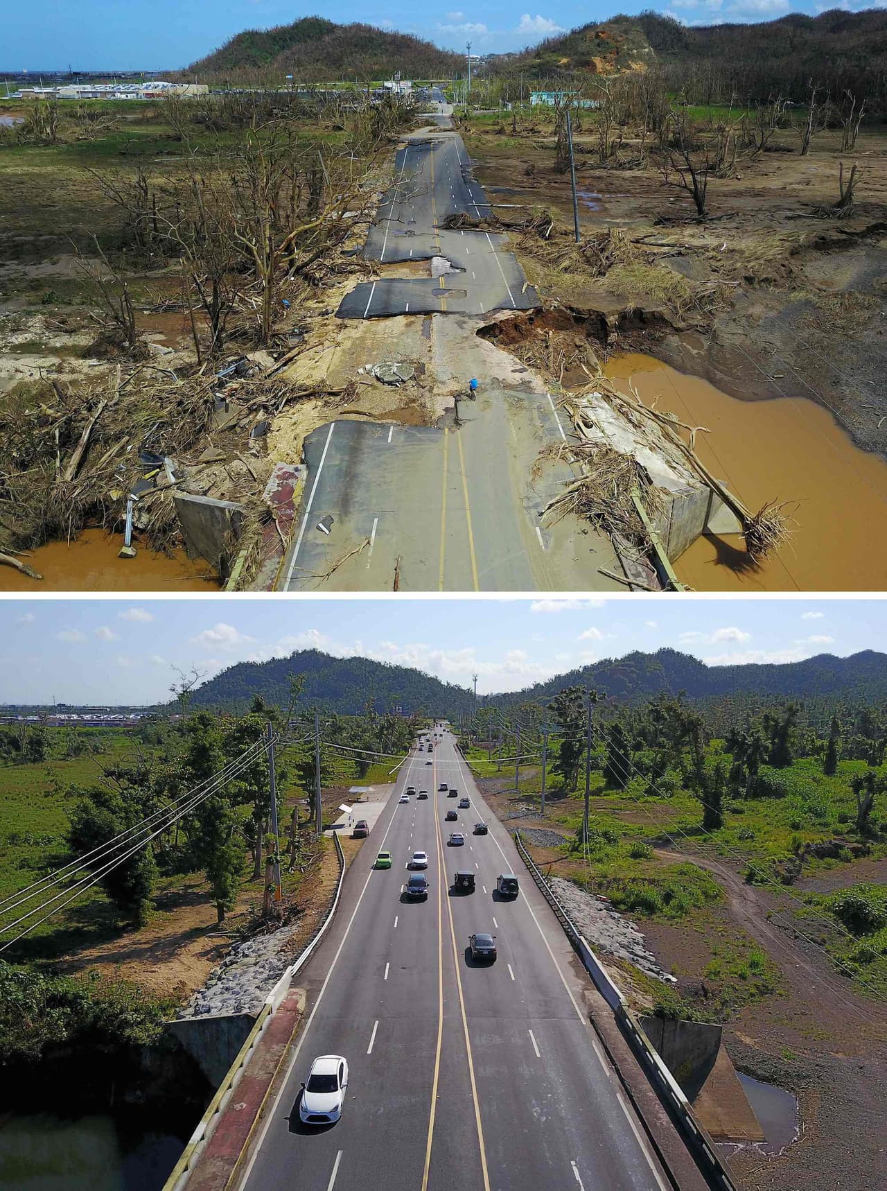 Tramo de la carretera número 2 a la altura del puente de La Virgencita, en Toa Alta, después del huracán y al día de hoy.