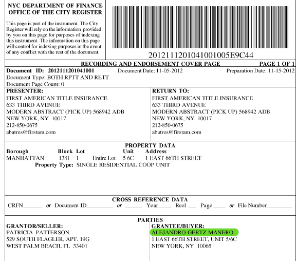 Escritura del apartamento de Alejandro Gertz en Nueva York
