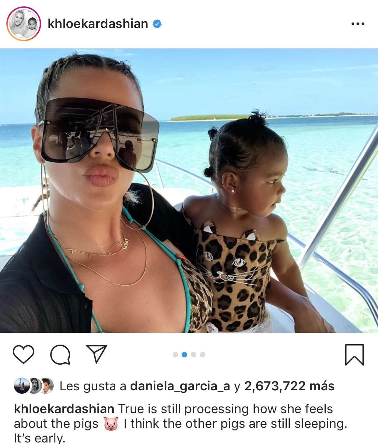En Instagram, Khloé explicó cómo fue esta experiencia para su hija: "True sigue procesando cómo se siente con los cerdos. Creo que los otros cerdos todavía están durmiendo. Es temprano".