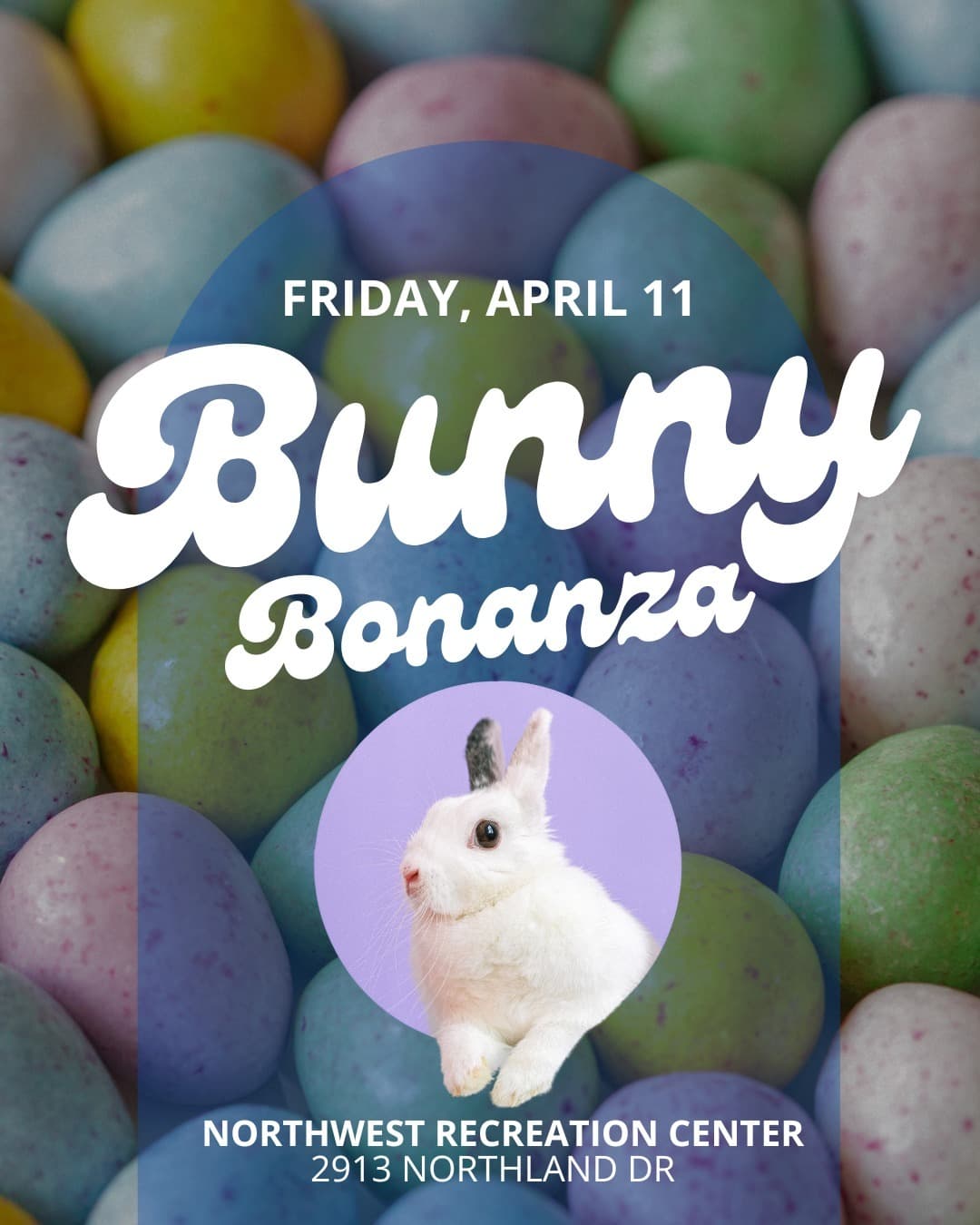 <h3 class="cms-H3-H3">Abril 11, viernes</h3>
<br>
<br>
<u><b>Bunny Bonanza</b></u>
<br>
<br>📍Northwest Recreation Center, 2913 Northland Drive, Austin
<br>⏰Horario: de 10:30 am a 11:30 am
<br>
<br>El evento es solo para niños desde recién nacidos hasta 5 años. Trae a los pequeñines a buscar huevitos de Pascua, a jugar en el jardín, haciendo manualidades y otras actividades.