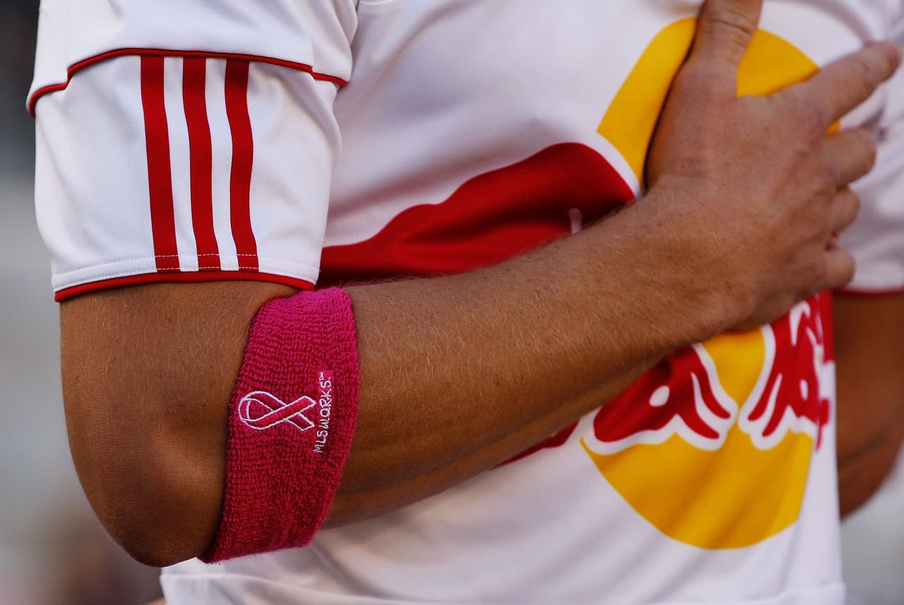 HARRISON, NJ - OCTOBER 09: New York Red Bulls wear wrist bands in honor of Breast Cancer Awareness month prior to the match between Real Salt Lake and New York Red Bulls on October 9, 2010 at Red Bull Arena in Harrison, New Jersey. (Photo by Mike Stobe/Getty Images for New York Red Bulls)