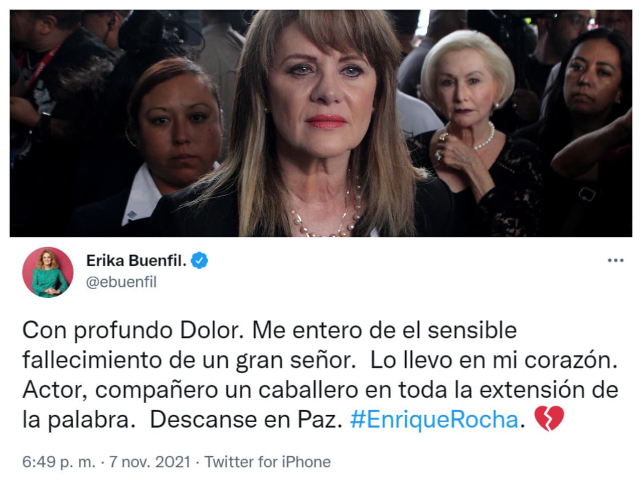 <b>Erika Buenfil</b> fue otra de las colegas con las que el primer actor coincidió en su paso por 33 melodramas en toda su carrera. Ambos fueron parte de 
<b>Amores Verdaderos</b>, de 2012: 
<b>"Lo llevo en mi corazón"</b>, manifestó la actriz ante la triste noticia.