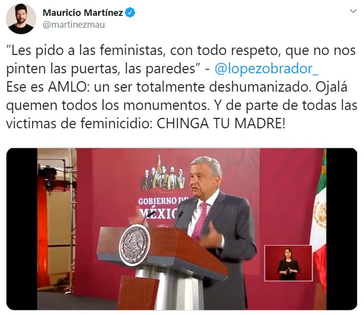<b>Mauricio Martínez</b>, actor y cantante quien está construyendo su carrera en el teatro musical de Broadway, se mostró muy enojado y calificó al mandatario mexicano como "un ser totalmente deshumanizado".