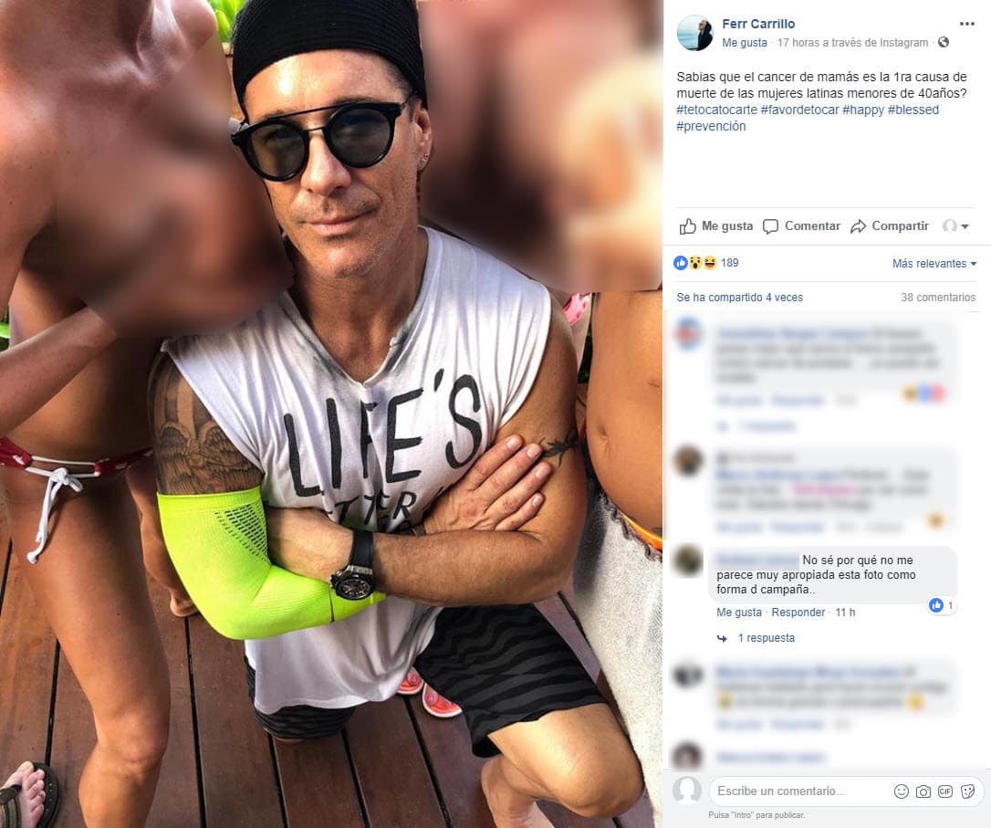 Fernando Carrillo vivió la censura de Instagram al publicar esta foto donde mujeres a su alrededor apoyaban sus senos en la cara del famoso. Según el actor, era para concientizar sobre el cáncer de mama pero no salió como esperaba, pues varias personas se sintieron ofendidas y lo reportaron, por lo que tuvo que eliminar la publicación.