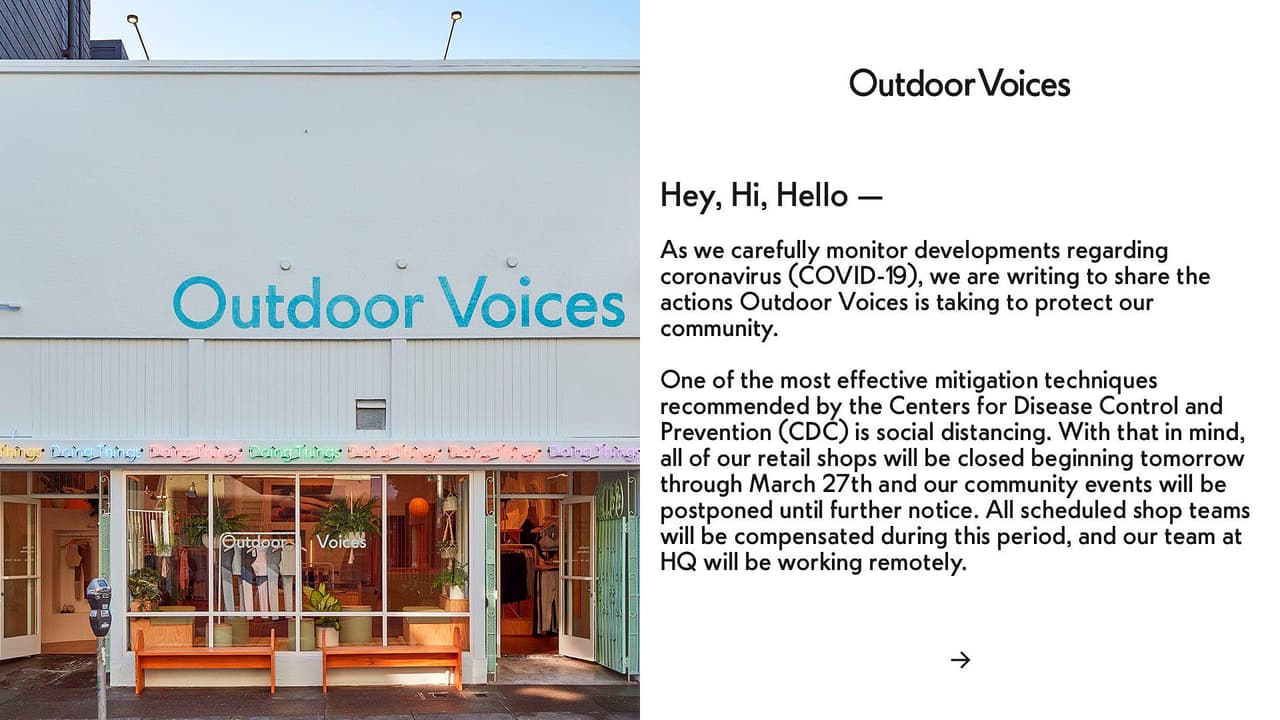 Outdoor Voices también cerró todas sus tiendas hasta el 27 de marzo, le pagará a su personal normalmente y su departamento HQ trabajará remotamente.