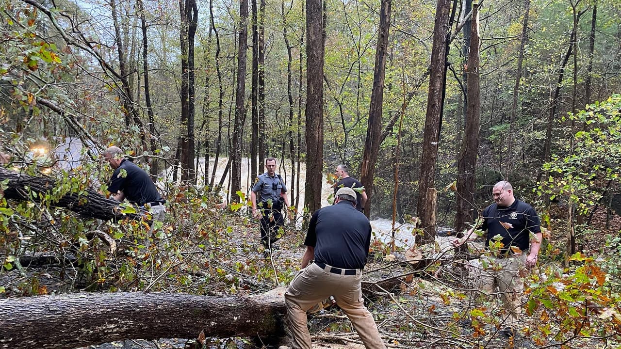 Agentes de la Oficina del Alguacil del condado de Lumpkin intentan remover parte de los árboles que cayeron sobre la carretera.