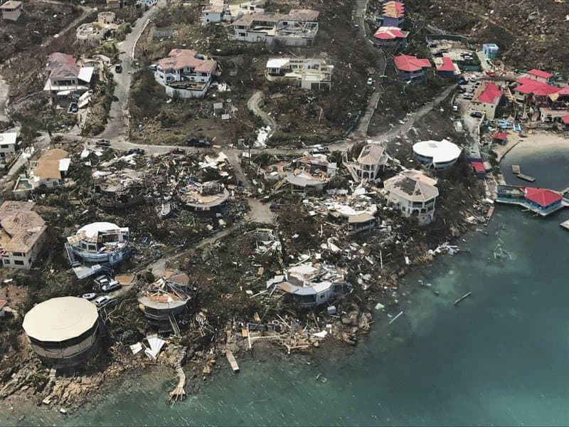Photo shows storm damage in the aftermath of Hurricane Irma in Virgin Gorda’s Leverick Bay in the British Virgin Islands. Caribbean Buzz Helicopters via AP