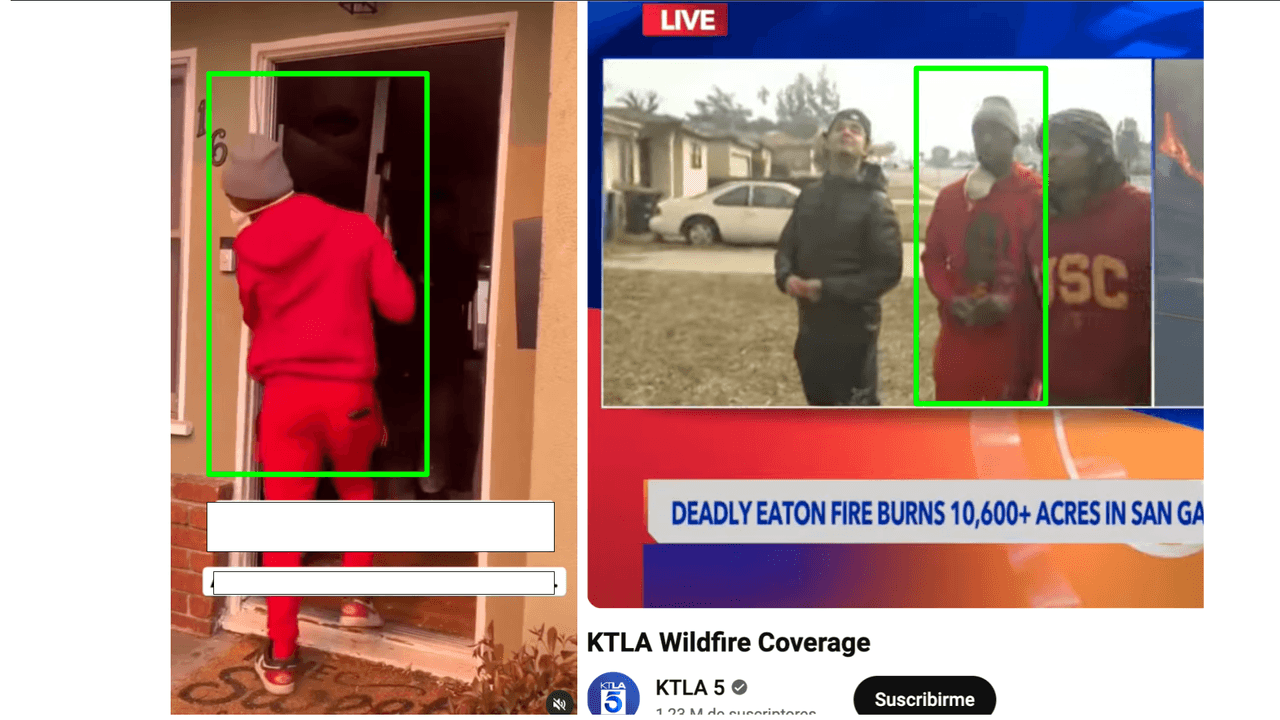 Foto 1. Del lado derecho se ve al hombre vestido de rojo en el video viral, del lado izquierdo aparece el mismo hombre en el reporte de KTLA 5. 
<br>