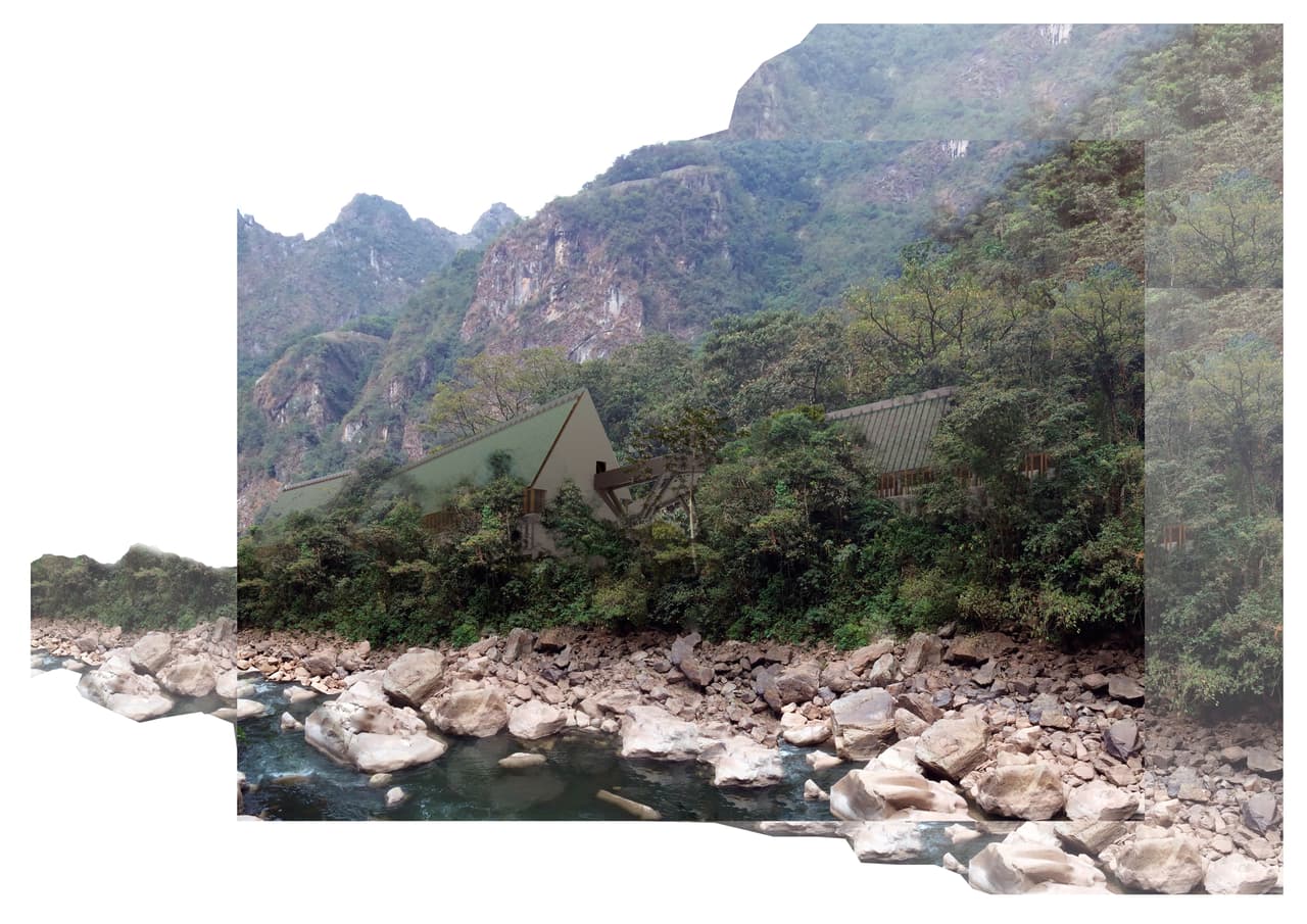 Desde el rio Vilcanota, los edficios parecen esconderse entre la naturaleza.