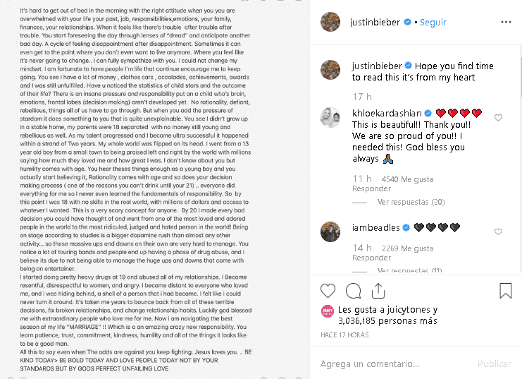 En una extensa publicación desde su cuenta de 
<b><a href="https://www.instagram.com/p/B17JfkkHEKt/" target="_blank">Instagram,</a></b> Bieber relató momentos por los que pasó como el uso de drogas y el abuso a mujeres en sus relaciones.