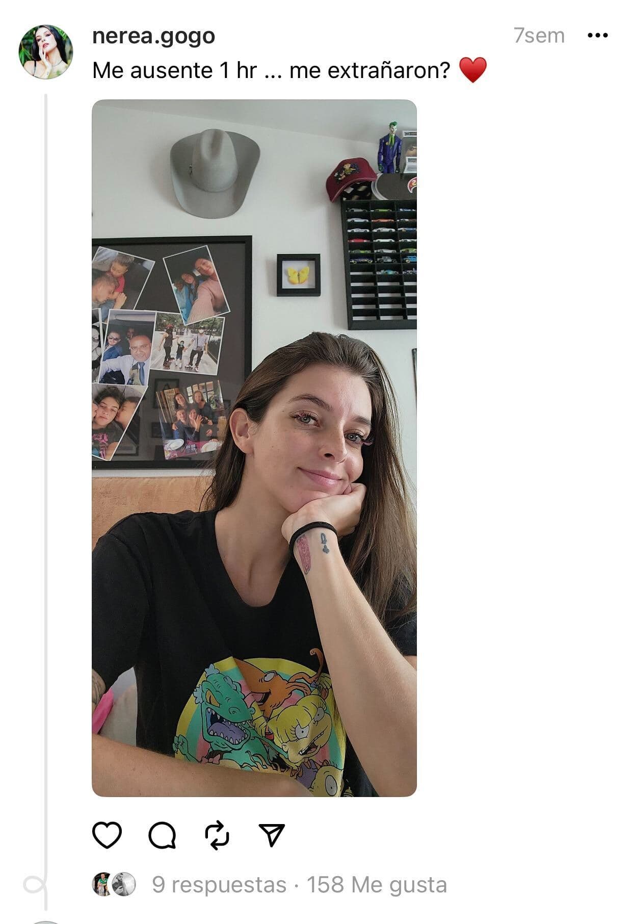 Ahí, Nerea Godínez hizo esta publicación que está fechada hace 7 semanas: "Me ausenté 1 hora,
<b>¿me extrañaron?</b>".
<br>